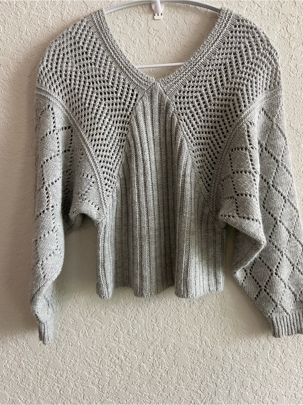 Open-Knit Light Gray V-Neck Women's Sweater